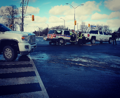 A paramedic vehicle was one of three involved in a crash at Tomken Rd. and Burnhamthorpe Rd. E. on Wednesday, Jan. 13, 2016. Minor injuries were reported and the intersection was cleared within an hour. (Photo: Kelly Roche/QEW South Post)